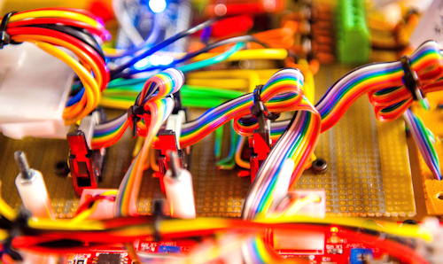 Close up of rainbow coloured ribbon connector