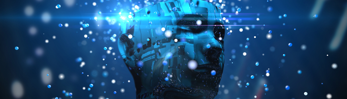 Blue, computer generated image of person with half a head